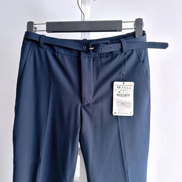 Zara Pants With Fabric-Covered Belt in Navy - Size XS - Picture 2 of 4